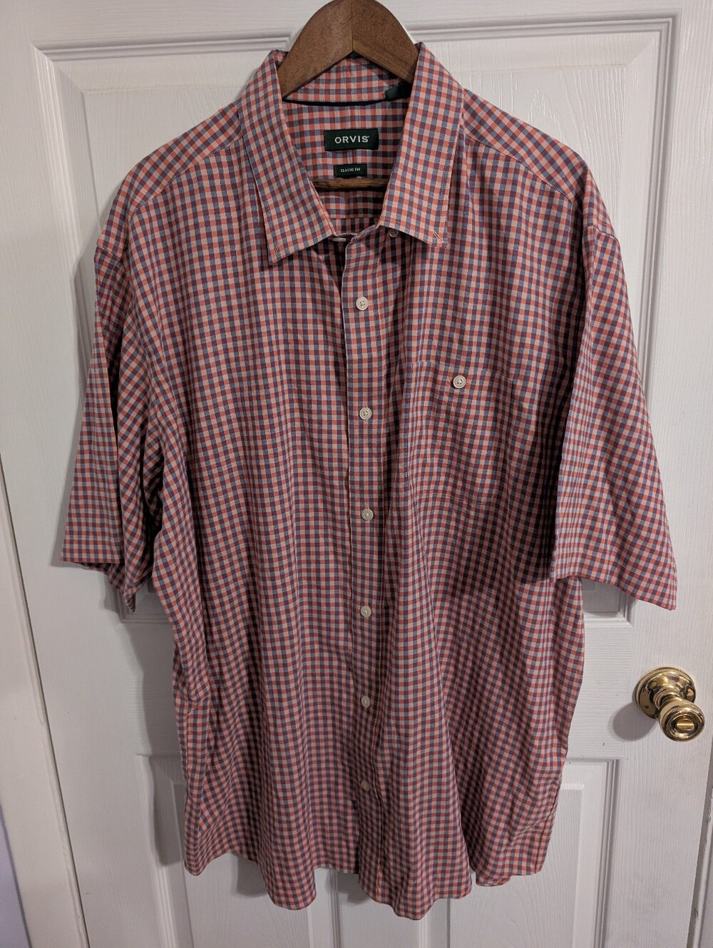 Orvis Mens Shirt Blue Pink Plaid Short Sleeve Button Classic Fit Size XXLT Tall